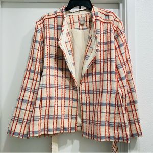 Chico's Orange Blue Plaid Tweed Blazer Jacket W/Belt & Faux Leather Trim